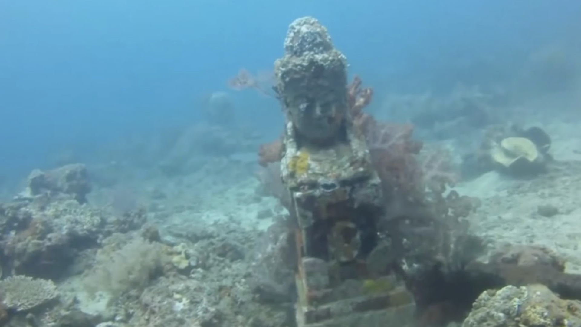 An image taken underwater depicting an encrusted statue that resembles a deity, possibly from Hindu iconography, sitting on a pedestal surrounded by coral reefs